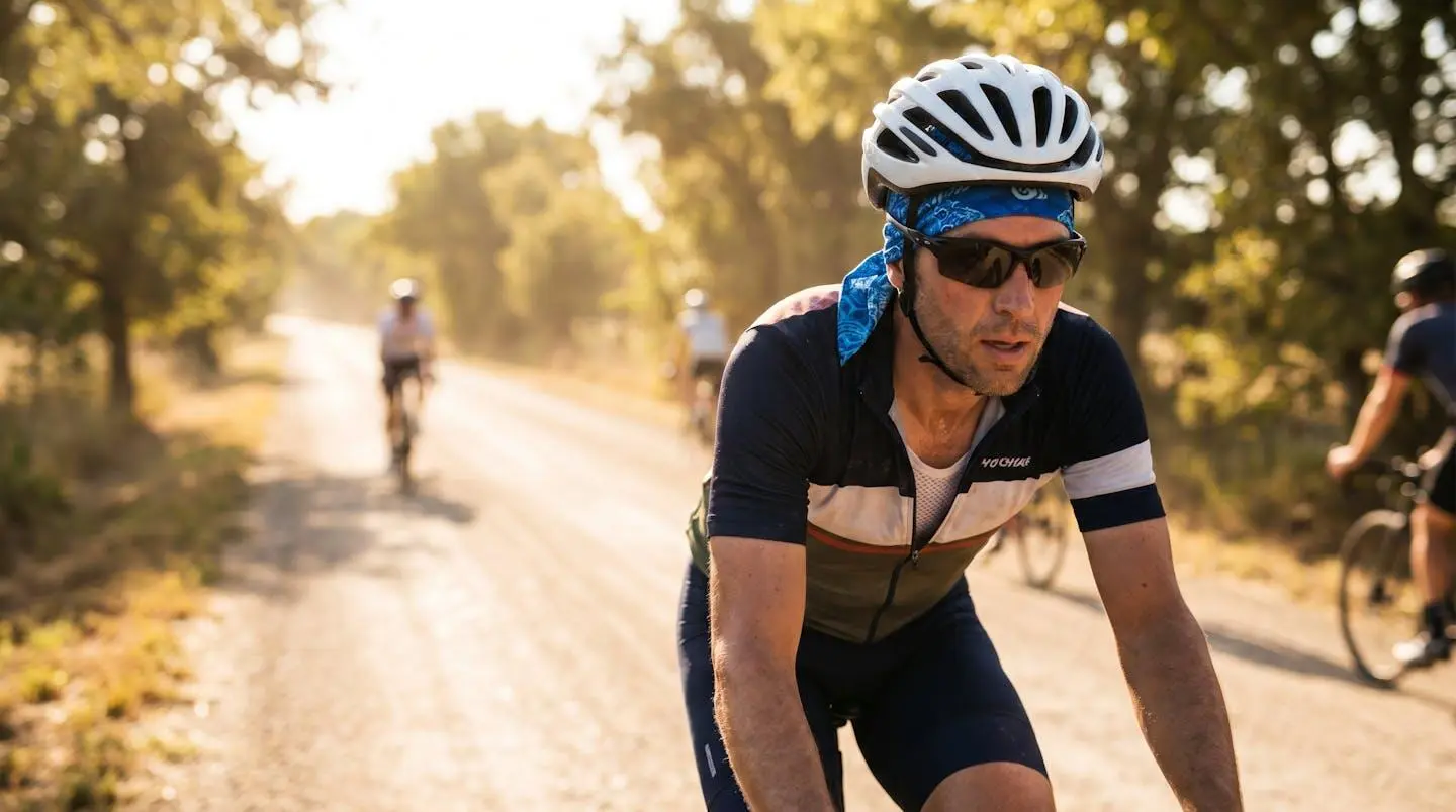 Cycliste portant un bandana rafraîchissant sous son casque de vélo lors d'une sortie estivale ensoleillée