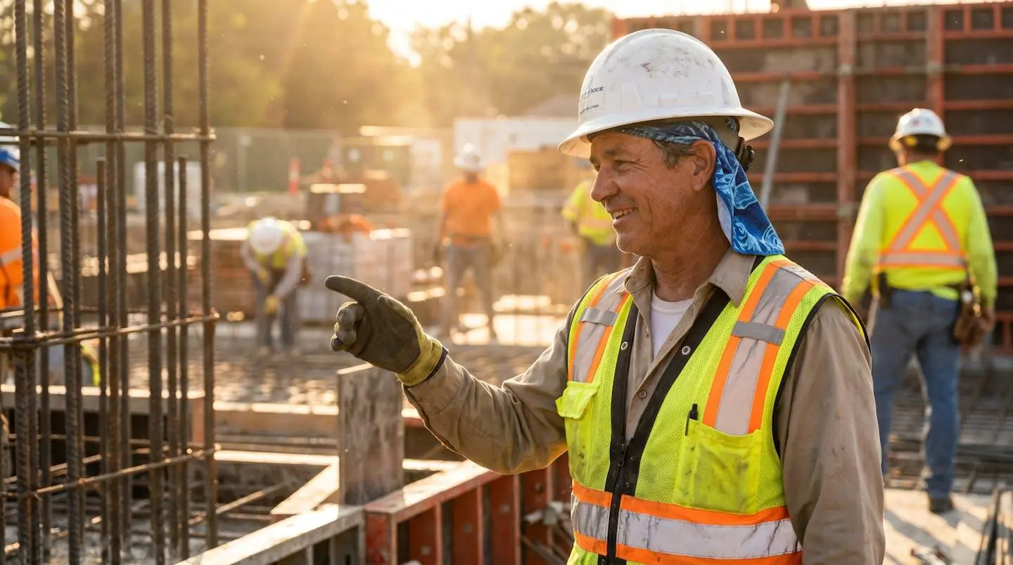 Ouvrier du bâtiment portant un casque de chantier par forte chaleur estivale, avec un accessoire rafraîchissant visible sous la coque
